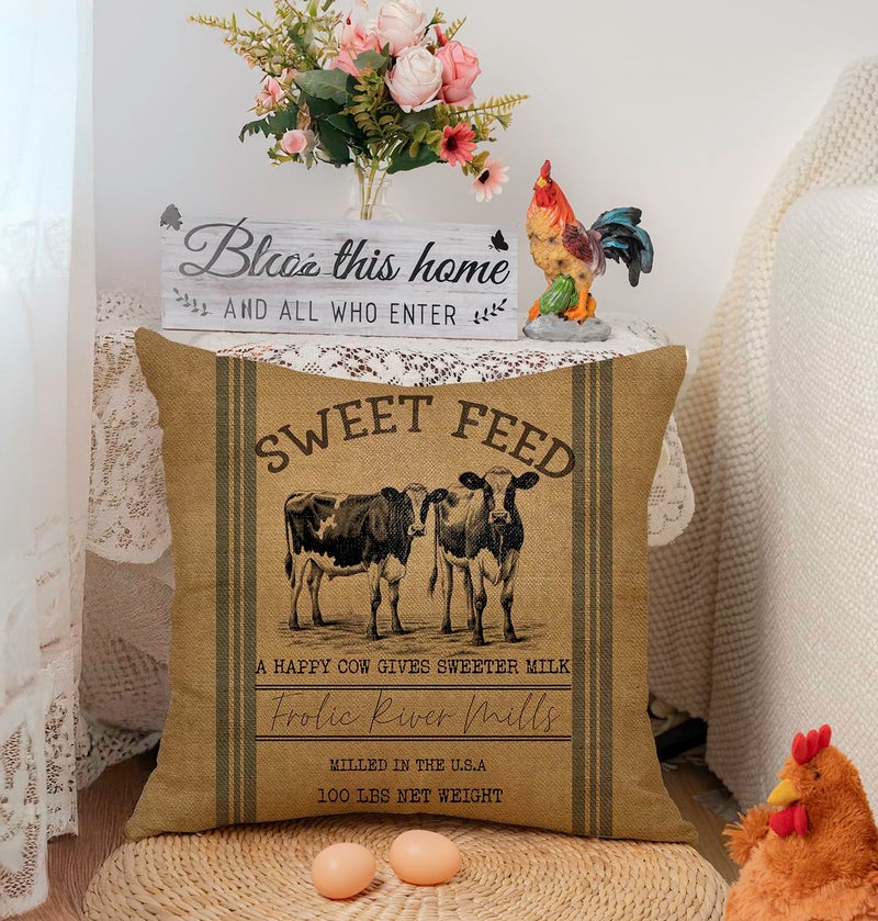 Faromily Vintage Farmhouse Animal Pillow Covers 18x18 Set of 4 Premium Farm Rooster Pig Sheep Cow Poultry Feed Home Décor Throw Pillow Case Cushion Cover for Sofa F163-18 - Image 3